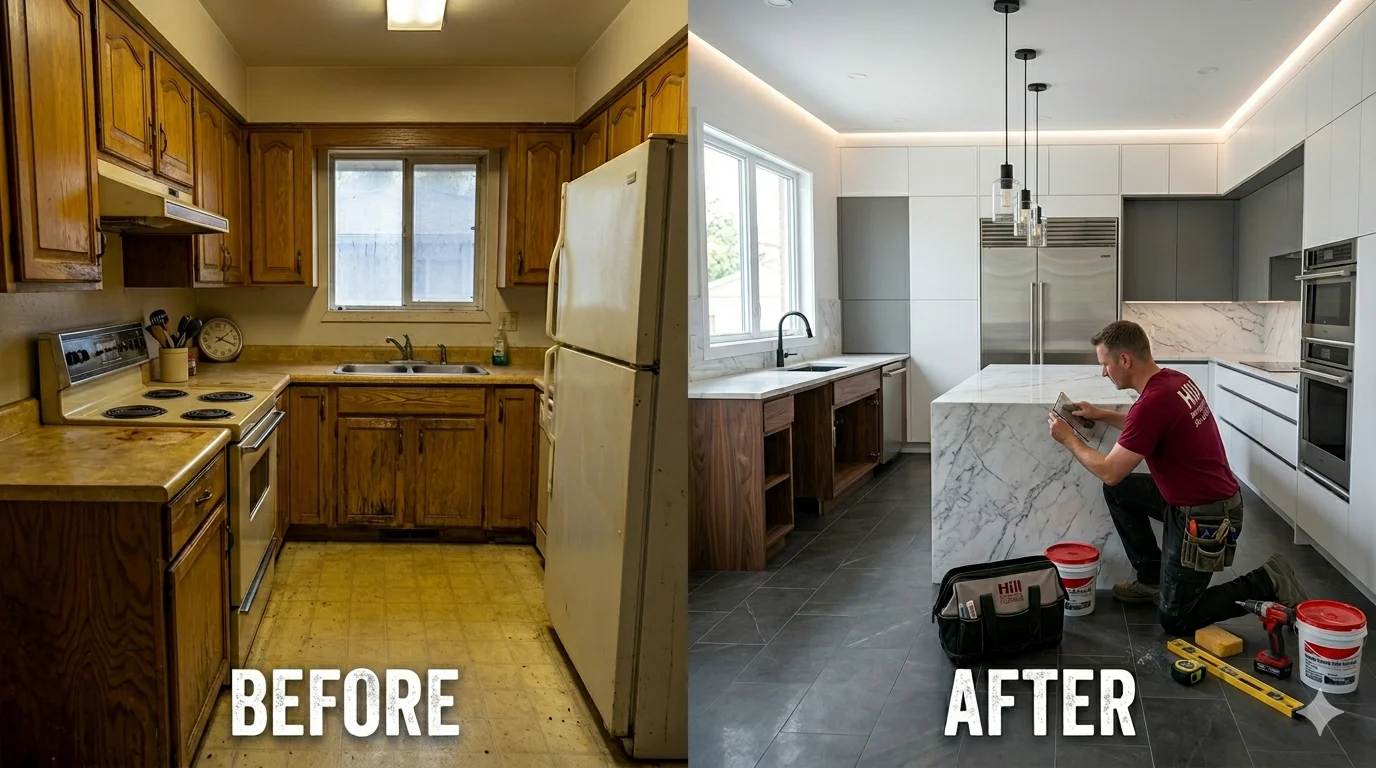 Before and after modern kitchen transformation in Oxford MS showing upgraded cabinets, countertops, and interior design