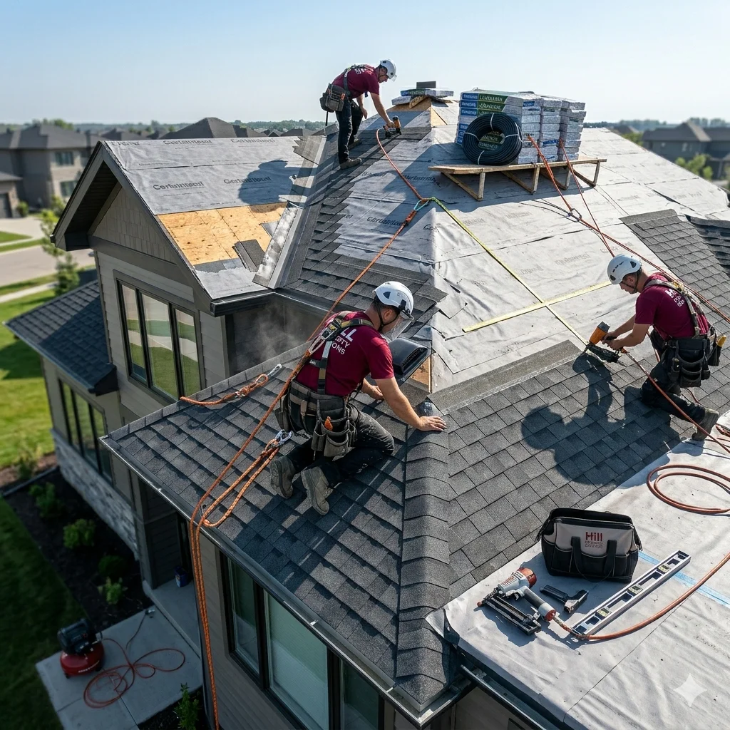 Roofing workers installing materials on residential house roof in Oxford MS during construction project