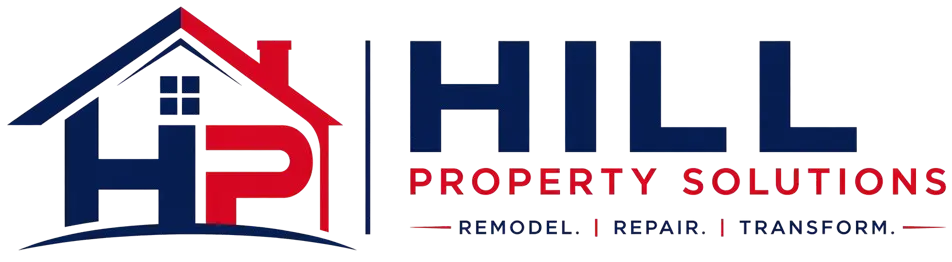 Hill Property Solutions logo featuring a modern house icon with HP initials in red and navy blue representing professional home remodeling services in Oxford MS including kitchen renovation bathroom remodeling drywall and painting