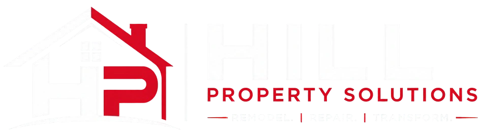 Hill Property Solutions logo in white and red on black background featuring a modern house icon with HP initials representing home remodeling services in Oxford MS