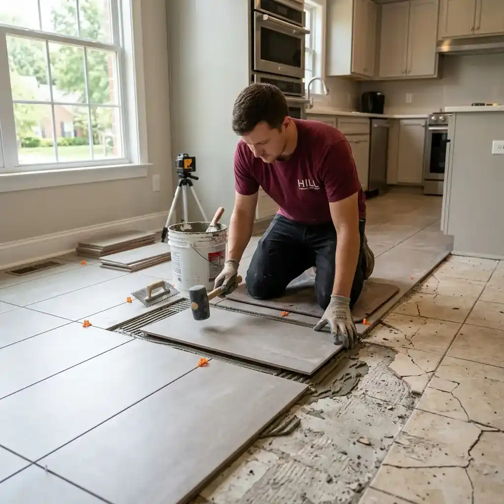 Tile installation Oxford MS showing professional floor repair and new tile installation work