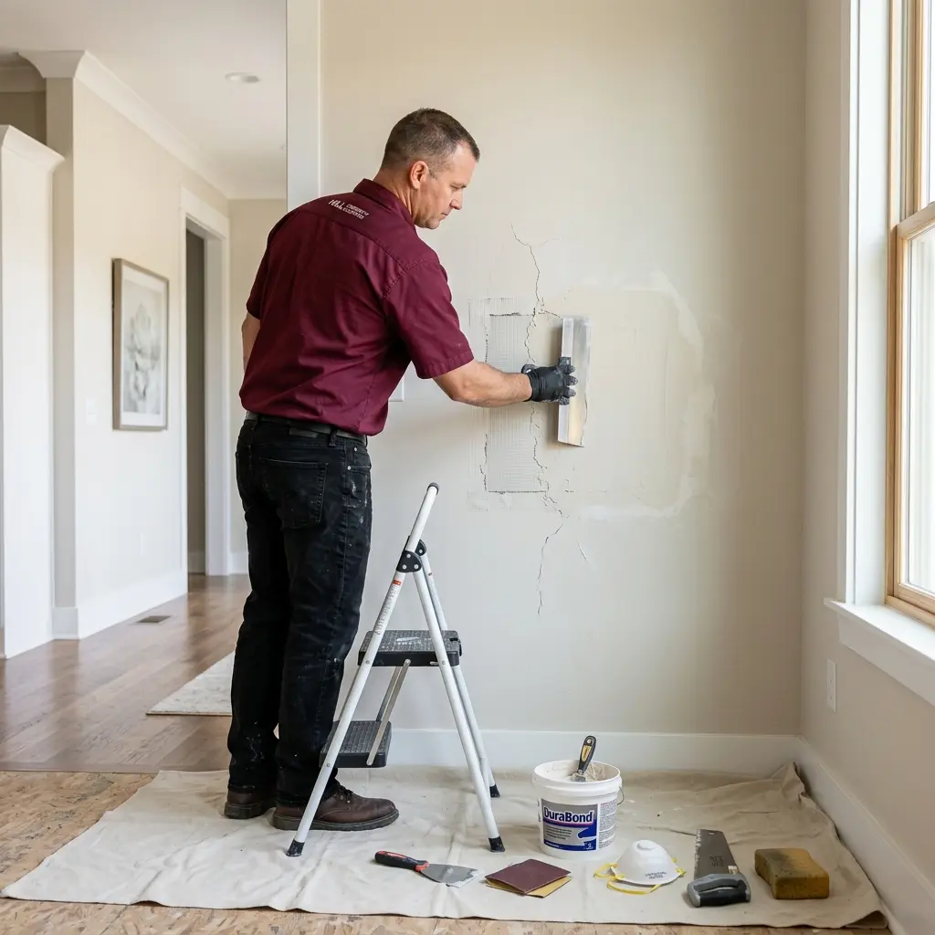 Drywall repair Oxford MS showing damaged wall repair and professional drywall finishing work.