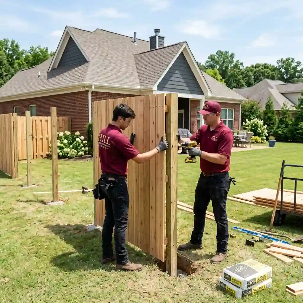 Fence installation Oxford MS showing workers building a residential privacy fence around a home