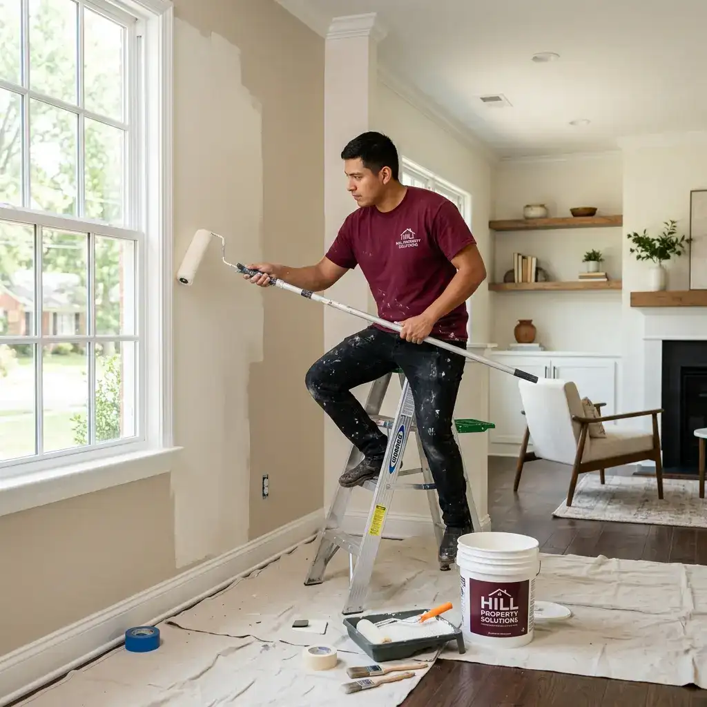 Interior painting Oxford MS showing worker painting walls in residential home with fresh coat of paint