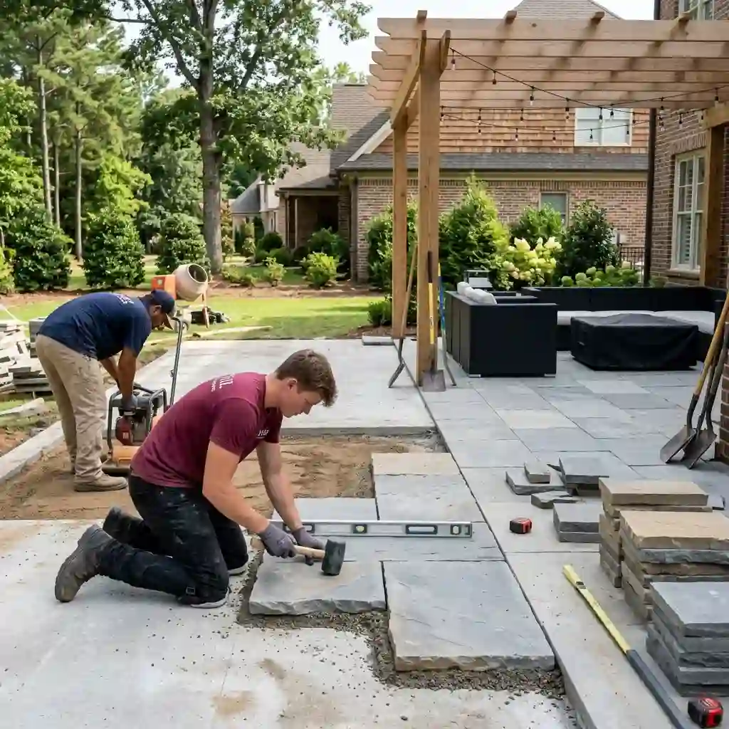 Patio construction Oxford MS showing workers building a luxury outdoor living space in a residential backyard